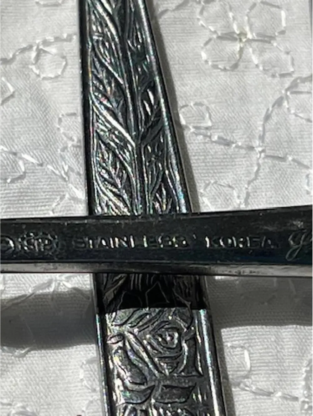 Set of 8 Stanley Roberts Glossy Etched Rose Floral Silver Forks Made in Japan
